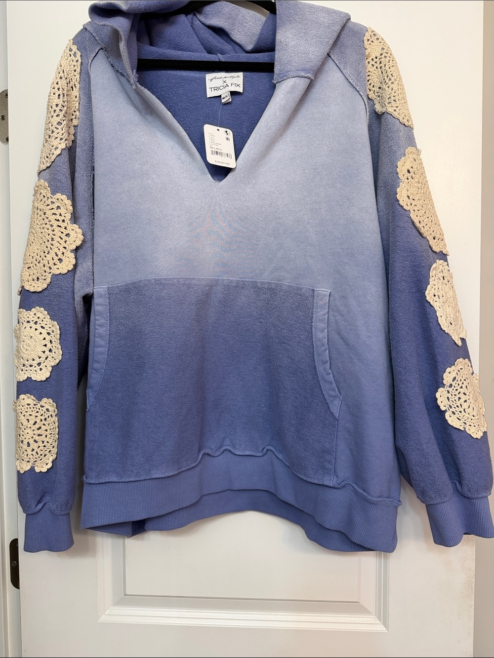 Free people x Tricia Fix Lavender Blue Ombre Hoodie with Cream Crochet Patches